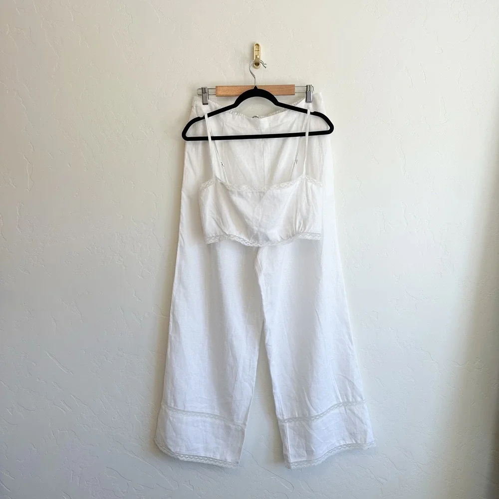 Reformation | Violet 100% Linen Crop Top & Wide Leg Pant Two‎ Piece Set White